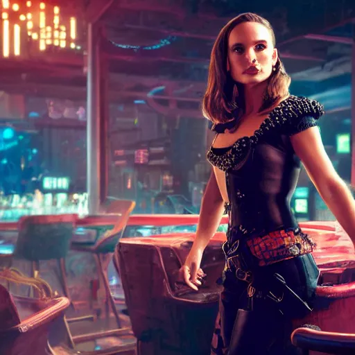 Image similar to a high quality portrait of natalie portman as a pirate in a cyberpunk cyberpunk cyberpunk cafe, realism, 8k, award winning photo