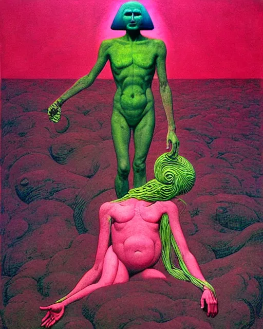 Image similar to a scene from prometheus, the annunaki making humans, pink and green palette, surrealism, in the style of francis bacon, esao andrews, zdzisław beksinski, edward hopper, surrealism, art by takato yamamoto and james jean