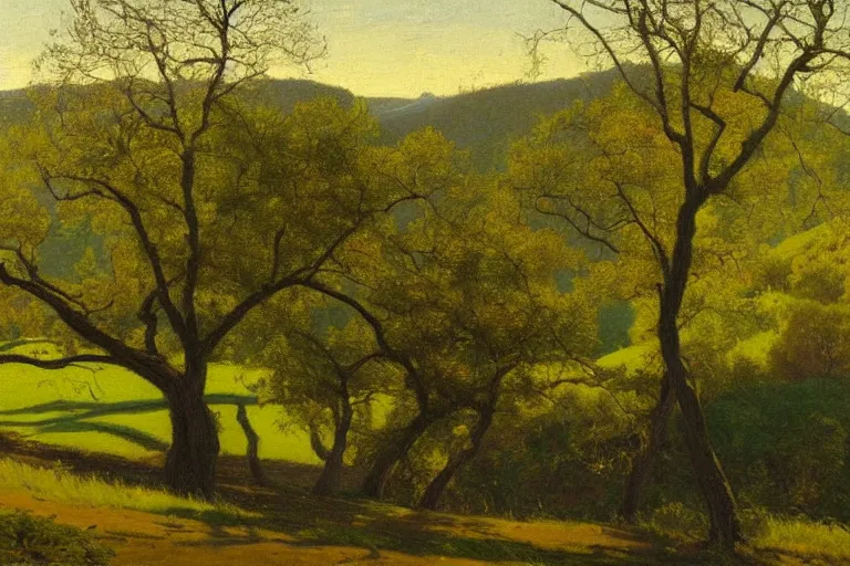 Prompt: masterpiece painting of oak trees on a hillside overlooking a creek, dramatic lighting, by daniel garber