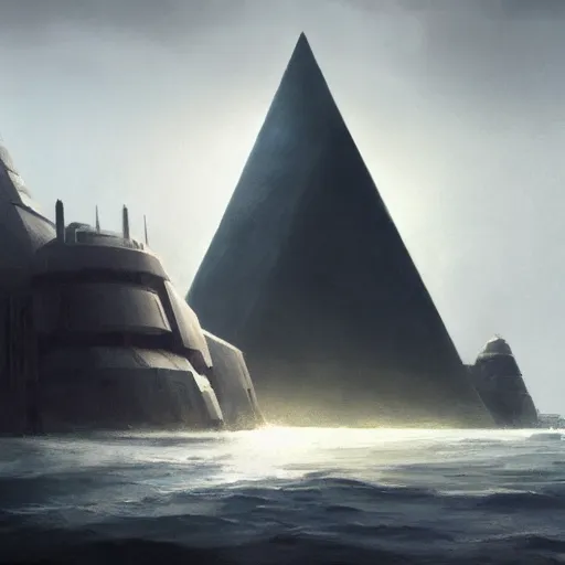 Image similar to star wars concept art by greg rutkowski, a palatial and imposing grey tall triangular pyramid tech tower emerging from the sea in the middle of a ocean landscape, enigmatic atmosphere, beautiful and cinematic lighting, artstation hq.