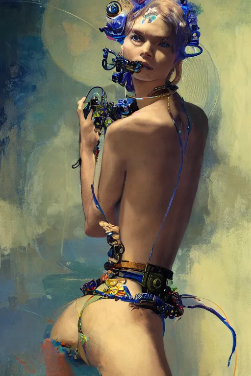 Prompt: an epic non - binary model, subject wearing a belt made out of computer mice, flowing, ornate, beautiful, intricate, muted tonal colors, with few ultramarine highlights, by jeremy mann and ilya kuvshinov, jamie hewlett, 8 0 mm lens, trending on artstation, oil on canvas