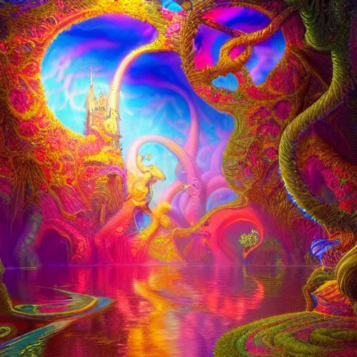 Image similar to Photorealistic Magical Wonderland in the style of Lisa Frank, Robert Venosa, Michael Whelan and Gustave Dore. Hyperdetailed photorealism, 108 megapixels, amazing depth, glowing rich colors, powerful imagery, psychedelic Overtones, 3D finalrender, 3d shading, cinematic lighting, artstation concept art