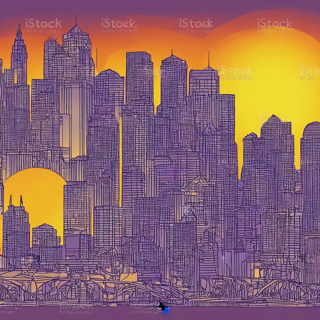 Prompt: minimialist vector art of tampa skyline at sunset, illustration