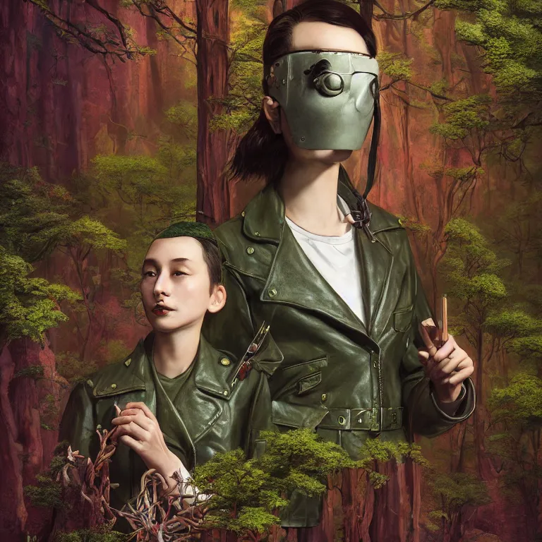 Image similar to highly detailed portrait of alone androgynous girl wearing bakelite leather jacket, bakelite rocky mountains, moss green japanese haunted forest background, by hsiao - ron cheng and artgerm, modular synthesizer helmet backpack, the grand budapest hotel, glow, no crop, digital art, artstation, pop art