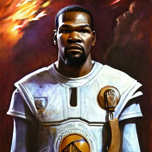 Image similar to ultra realistic portrait painting of kevin durant as master chief, art by frank frazetta, 4 k, ultra realistic, highly detailed, epic lighting