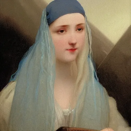 Prompt: a young woman’s face, her hair is white, she wears a long flowing blue satin veil, by ivan aivazovsky and pieter claesz and willen claesz heda and gerard ter borch and aelbert cuyp and paul delaroche and august malmstrom and alma tadema and carl gustav carus, fine detail, hyperrealistic, rendered in octane