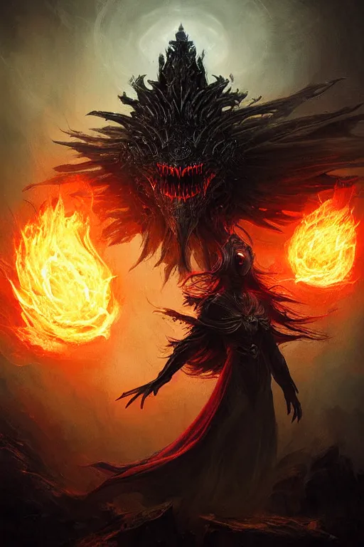 Image similar to Black Orb of Fire, digital art, fantasy, magic, trending on artstation, illustration by Seb McKinnon and Peter Mohrbacher, ultra detailed, atmospheric, powerful presence, bossfight, darksouls, grand finale, explosive entrance, final battle, cutscene, cinematic lighting, beautiful goddess, unleashing the power of the flame, burning pulse