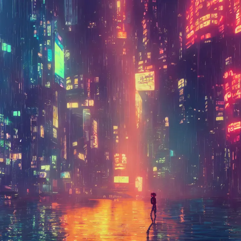 Prompt: a lofi anime protagonist crying a river, new york, deep rich colors, 8 k, award winning, blur, cinematic, neon, cyberwave, cynthwave, hayao miyazaki, makoto shinkai and ilya kuvahinov