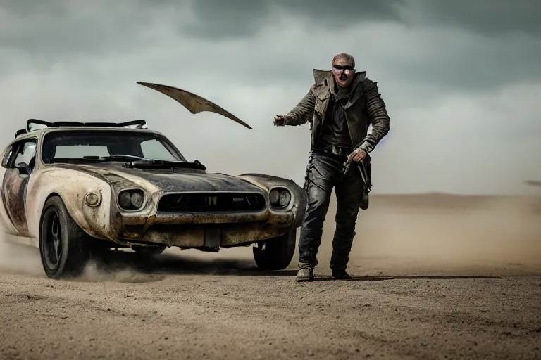 Image similar to Brian O'Connor driving his GTR in the theme of Mad Max Fury Road, XF IQ4, 150MP, 50mm, F1.4, ISO 200, 1/160s, natural light, Adobe Photoshop, Adobe Lightroom, photolab, Affinity Photo, PhotoDirector 365