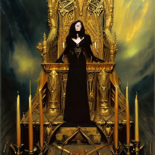 Image similar to full body portrait of beautiful vampire queen in gold gothic robes sitting on a throne of bones, elegant, highly detailed painting by gaston bussiere, craig mullins, j. c. leyendecker, 8 k, mid shot