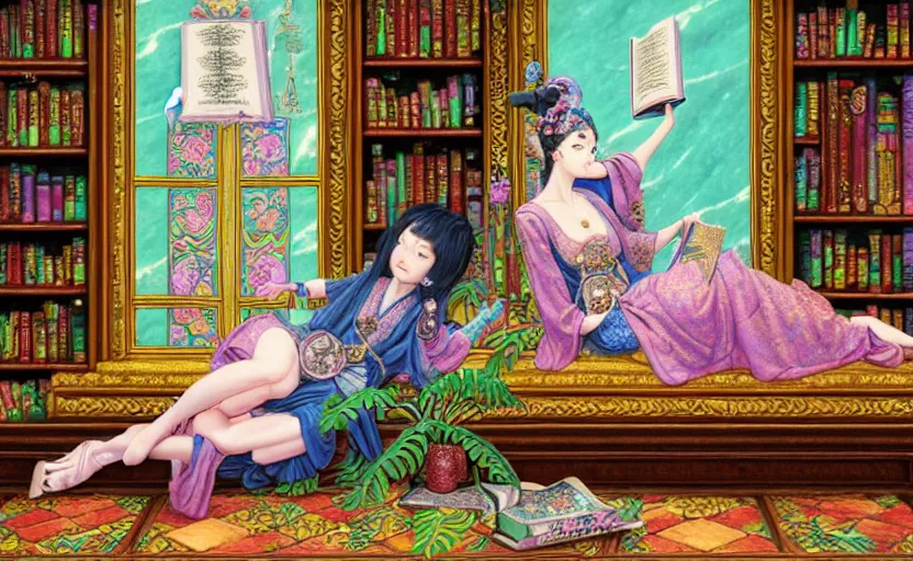 Image similar to a detailed fantasy pastel portrait of a woman wizard in ornate clothing lounging on a purpur pillow on the marble floor in front of her bookcase in a room, reading an ancient tome. to the side is a potted plant. ancient retrofuturistic setting. 4 k key art. raytracing, by chie yoshii and yoshitaka amano.