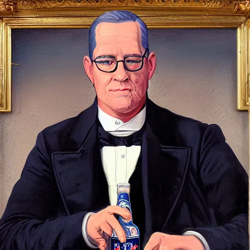 Image similar to painting of a portrait ofVictorian Era president Hank Hill drinking a Pabst Blue Ribbon beer, realistic