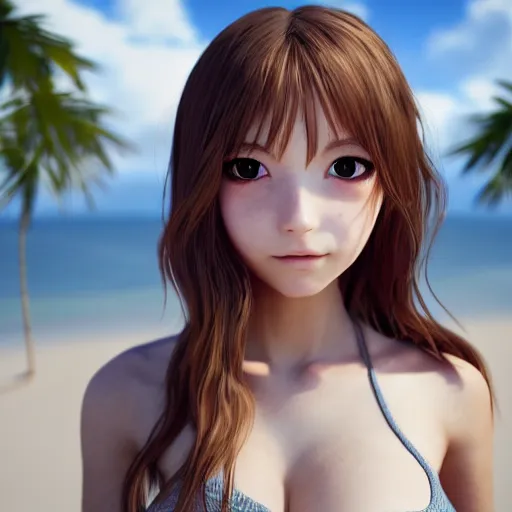 Image similar to Render of a very beautiful 3d anime girl, long hair, hazel eyes, cute freckles, full round face, short smile, cute sundress, silver tone, serene beach setting, medium shot, mid-shot, highly detailed, trending on Artstation, Unreal Engine 4k