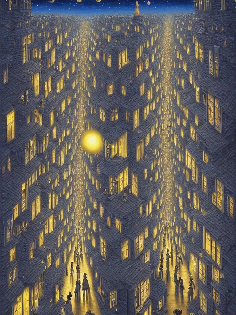 Image similar to A crowded street extending into the night sky, matte painting by Rob Gonsalves, in the style of Salvador Dalí, surrealism, magic realism, optical illusion art