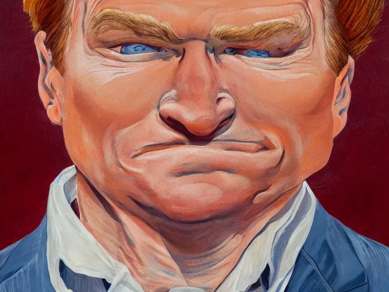 Image similar to Close-up portrait of Conan O'Brien , painting by Paula Rego, high detail, high resolution