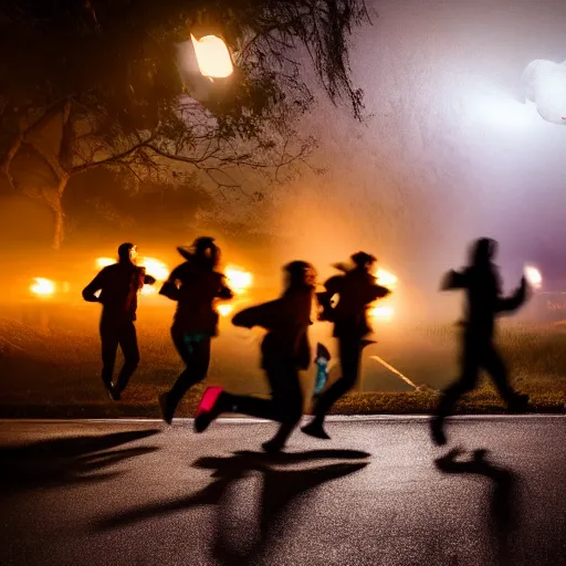 Image similar to cinematic lighting photograph of proffesional Ghost hunters running away from a person wearing a haloween ghost costume chasing them