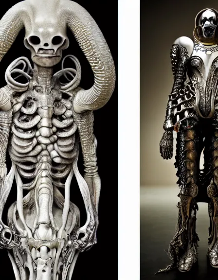 Image similar to still frame from Prometheus by Giger, which king Dr doom in ornate bone and opal armour by Wayne Barlowe by peter Mohrbacher, dressed by Alexander McQueen and by Neri Oxman, metal couture hate couture editorial