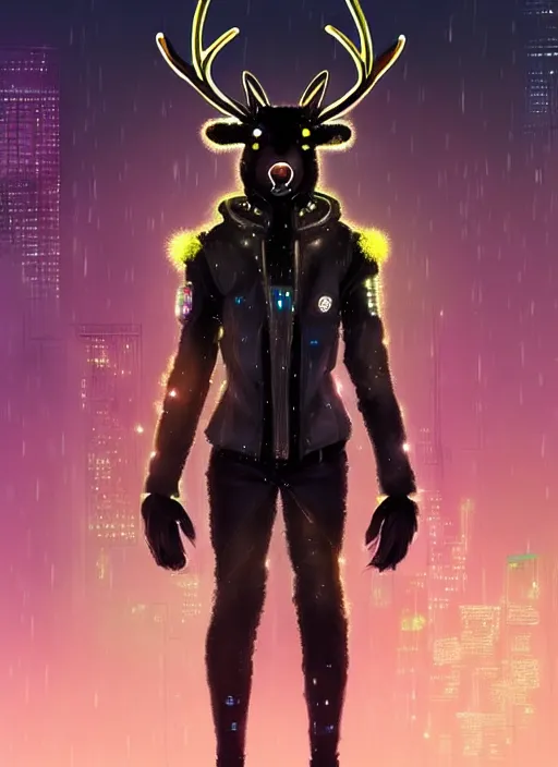 Image similar to award winning beautiful portrait commission of a male furry anthro Black Reindeer cyberpunk fursona with a tail, wings, wings, wings and a cute beautiful attractive detailed furry face wearing stylish black and rainbow galaxy clothes, outline, in a cyberpunk city at night while it rains. Character design by charlie bowater, ross tran, artgerm, and makoto shinkai, detailed, inked, western comic book art