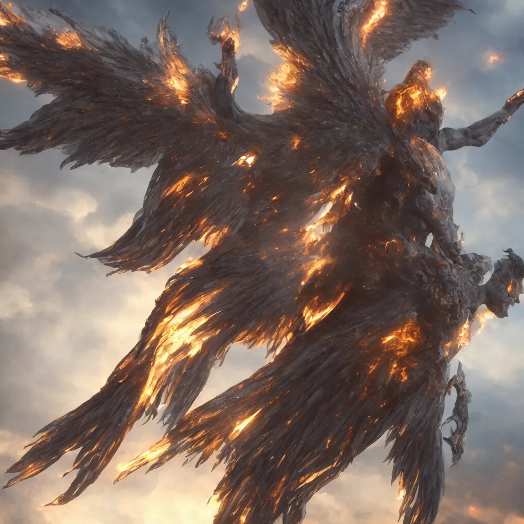 Prompt: a giant angel with many wings and eyes, fiery clouds, thunder, unreal engine, very detailed