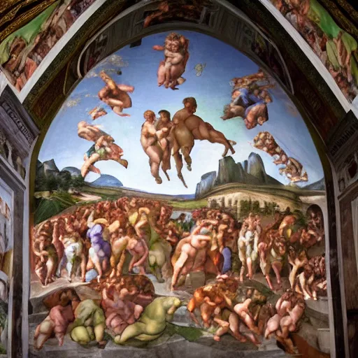 Prompt: The Sistine chapel by Michelangelo but it’s shrek, 8k