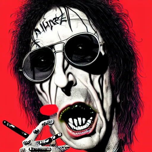 Prompt: graphic illustration, creative design, alice cooper wearing sunglasses, biopunk, francis bacon, highly detailed, hunter s thompson, concept art