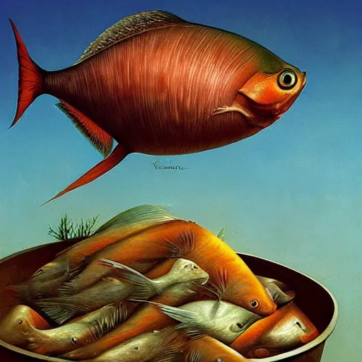 Image similar to a worried fish on the top of a pile of fish, all the fish are inside a cooking pot, side view, by vladimir kush, dystopian art, rococo