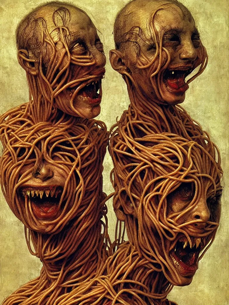 Image similar to siamese twins made of spaghetti, looking straight into camera, screaming in agony, 1 9 4 0 s, by giuseppe arcimboldo and ambrosius benson, renaissance, intricate and intense oil paint, a touch of beksinski and hr giger and edward munch, realistic