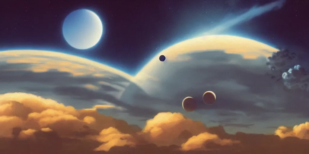 Image similar to blue dreamy cloudscape with a single planet in the clouds, daylight, cinematic lighting, cinematic perspective, syd mead, john harris, federico pelat,