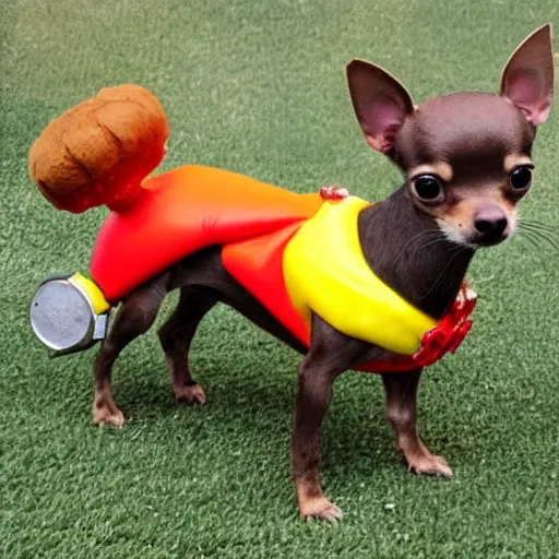 Image similar to photo of mini brown chihuahua in a bowser costume. Post processing , award winning , masterpiece , photo realistic