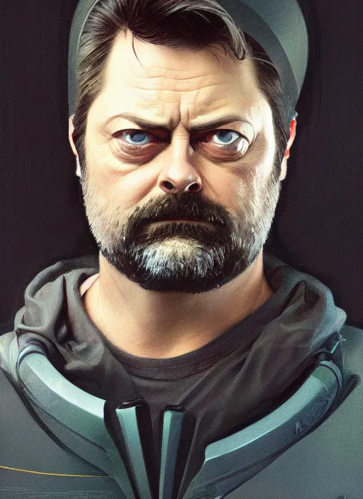 Image similar to a full body portrait oil painting illustration of nick offerman by justin sweet and greg rutkowski and alphonse mucha with face and body clearly visible, techwear, futuristic, cyberpunk, artstation trending, high quality, sombre mood, artstation trending, abstract colours, no crop, entire character!,