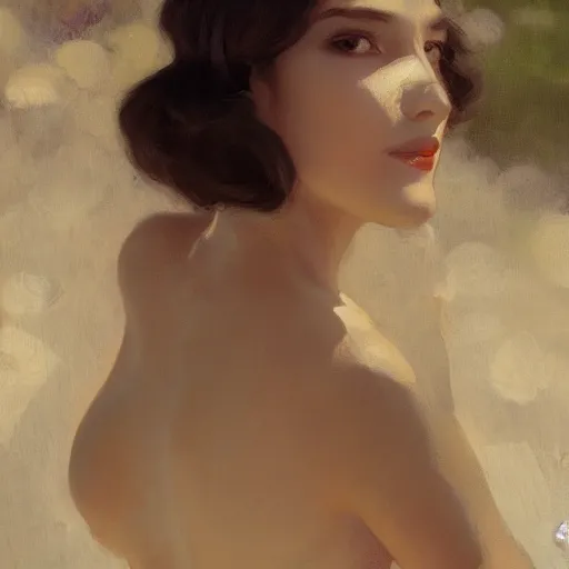 Image similar to a beautiful woman in an elegant see-thru white dress, wearing a black bikini underneath, 1920s, by Ilya Repin and artgerm, artstation, photorealistic, 8k octane render