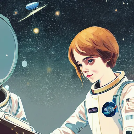 Image similar to emma watson light novel illustration as an astronaut by makoto shinkai by victo ngai