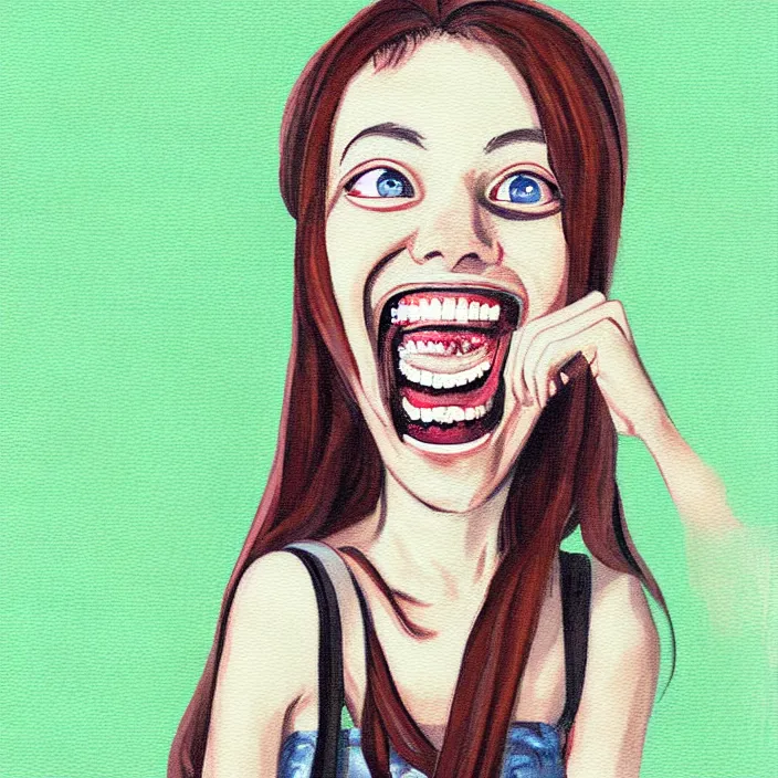 Prompt: nice quality and nice everything painting of a nice portrait of the popular girl at the psych ward laughing at the viewer, the style is like Watamote rendered with 3D effect.