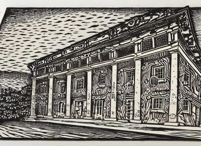 Image similar to a beautiful wood engraving on paper of the museum of everything