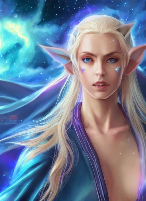 Prompt: blonde female high elf with blue glowing eyes in a multicolored robe, floatiung in front of a nebula, D&D, fantasy, intricate, cinematic lighting, highly detailed, digital painting, Artstation, concept art, smooth, sharp focus, art by Artgerm and Greg Rutkowski, SFW Version