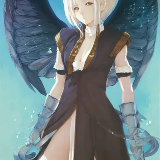 Image similar to cute anime girl bribing the district attorney. angel by krenz cushart and mucha and akihito yoshida and greg rutkowski, nier : automata inspired,