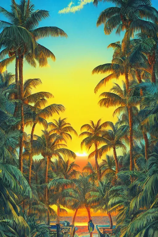 Image similar to a tropical paradise beach filled with palm trees and exotic flowers at sunset by paul lehr, detailed line drawing, intricate, hd, digital art, complementing colors, detailed, illustration painting by alex gray, digital art, moebius