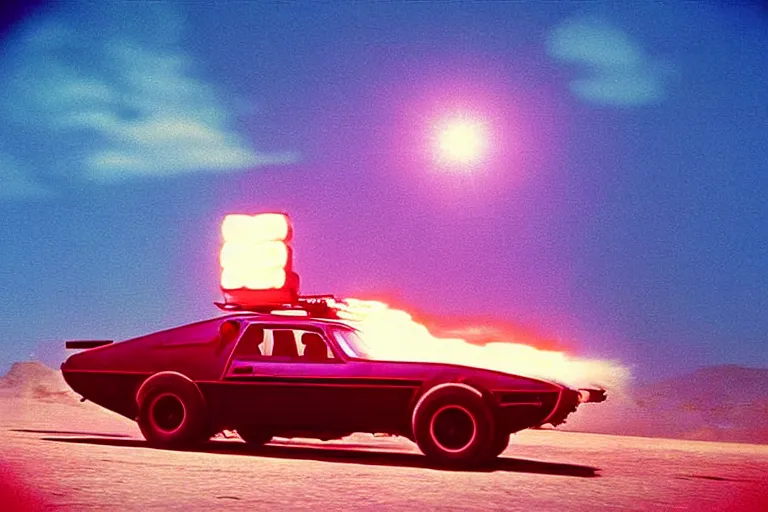 Prompt: stylized poster of mad max's pursuit special, the last v 8 interceptor, thick neon lights, ektachrome photograph, volumetric lighting, f 8 aperture, cinematic eastman 5 3 8 4 film