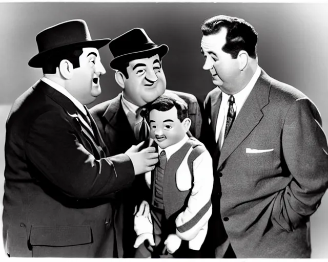 Prompt: Abbott and Costello meet a miniature Abbott and Costello