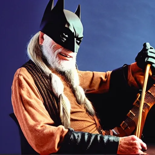 Prompt: Willy Nelson as Batman, studio photo