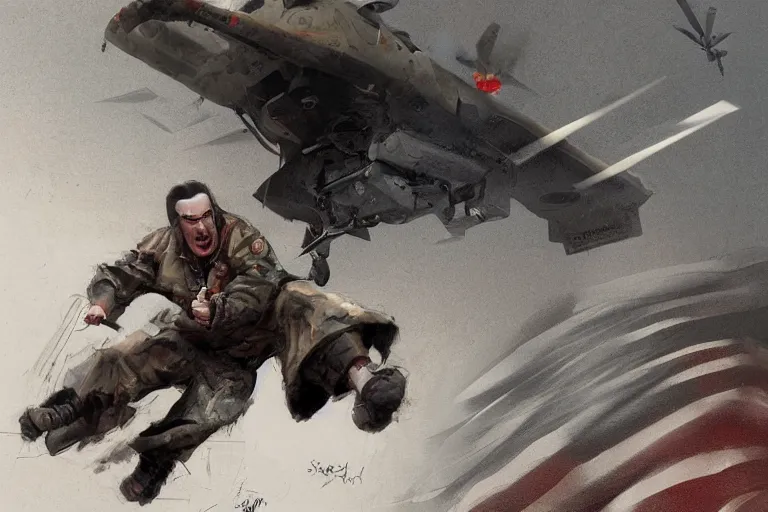 Prompt: pencil sketch of steven seagal being chased by a drone, digital painting, artstation, concept art, smooth, sharp focus, illustration, whimsical background by marc simonetti, artwork by liam wong, patriotic, detailed