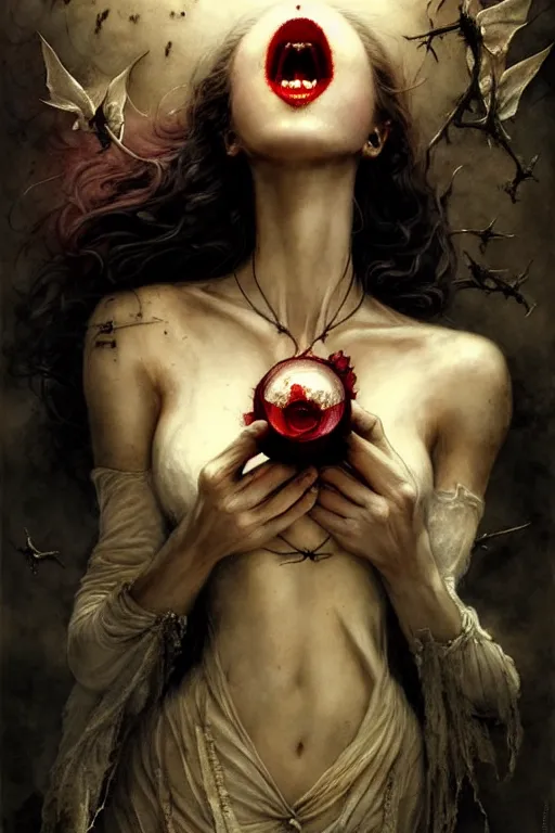 Image similar to miss of the world vampire | esoteric symbolism | jean - baptiste monge, esao andrews, bastien lecouffe - deharme, tim jacobus, ken currie | ultra - detailed realism, soft cinematic lighting, hi - fructose, artstation, high - quality, ink watercolors wes anderson poster art