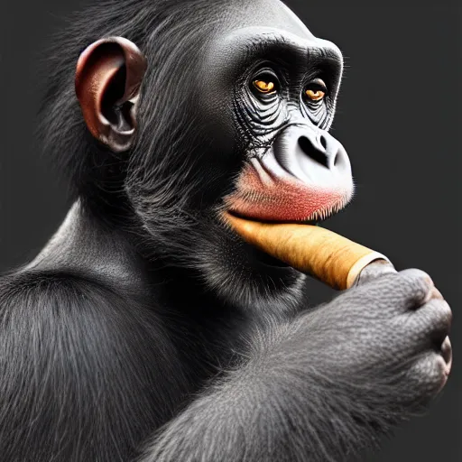 Image similar to a high detail shot of a chimp wearing a suit, smoking a cigar, render, cgsociety, photorealism