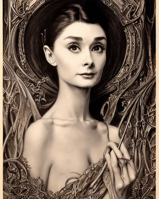 Image similar to matte painting portrait shot, beautiful audrey hepburn, gothic detailed and intricate by jean delville, gustave dore and marco mazzoni, art nouveau, symbolist, visionary, gothic, pre - raphaelite