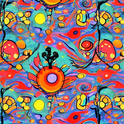 Image similar to psychedelic trippy couch pine forest planets milky way sofa cartoon by howard finster