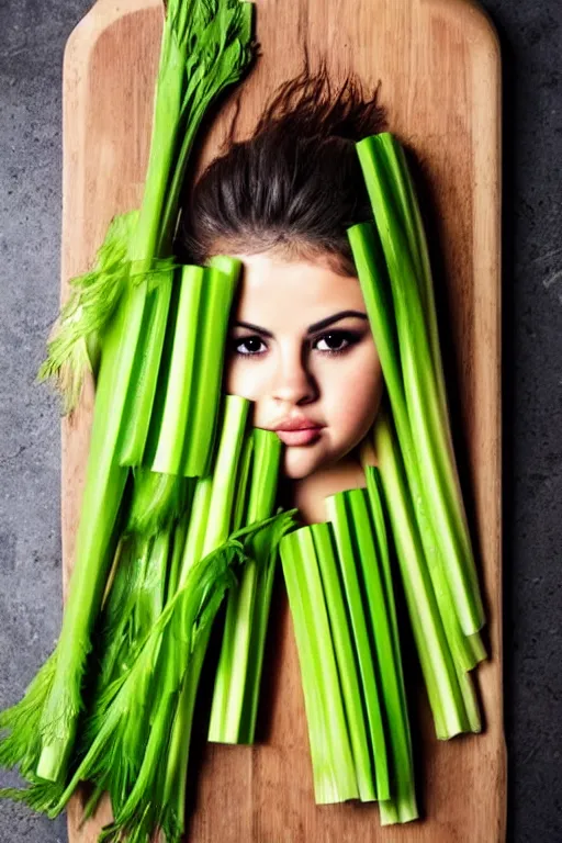Image similar to selena gomez made out of celery, a human face with celery for hair, a bunch of celery sitting on a cutting board, professional food photography