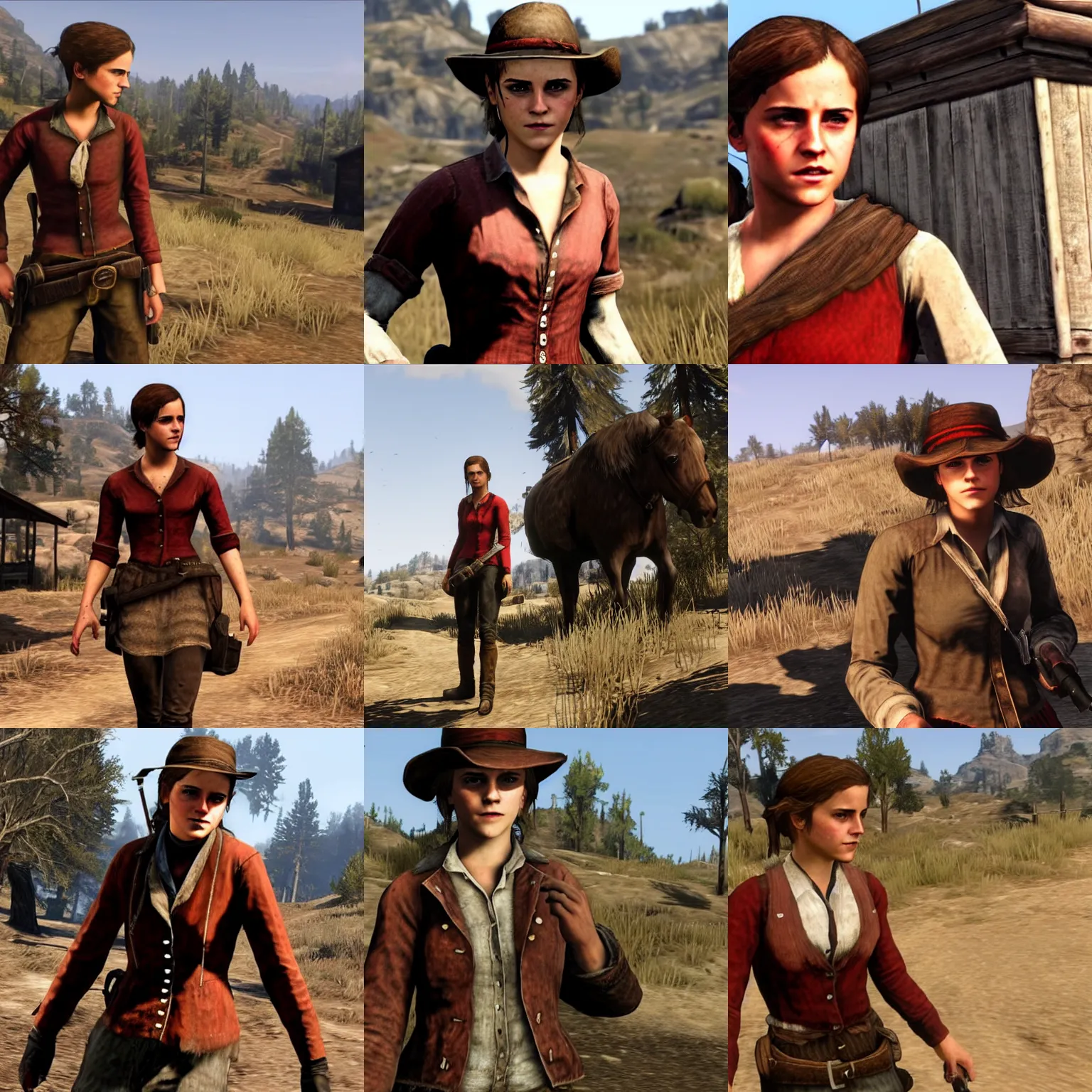 Prompt: teen emma watson in red dead redemption, ps 4, video game still