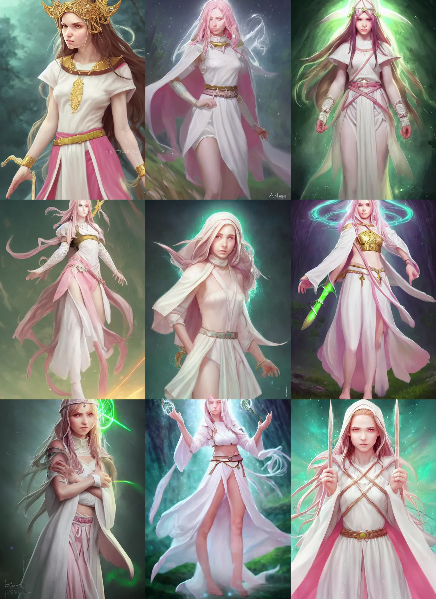 Prompt: full body portrait of a cleric, female, young, cute, white robes, pink clothes, holy, simplistic, circlet, spirits, brunette, white skin, heterochromia yellow and green, high fantasy, extremely detailed, smooth, sharp focus, digital illustration, by artgerm, rossdraws, wlop, collectible card art