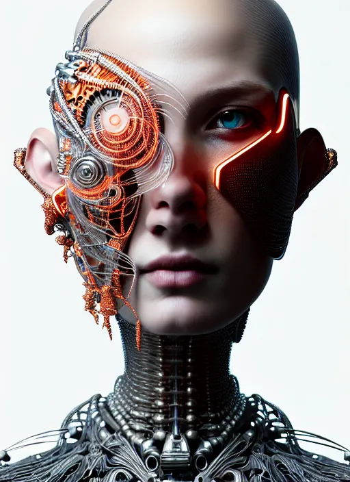 Prompt: portrait of an absurdly beautiful, graceful, sophisticated, fashionable cyberpunk mechanoid, hyperdetailed illustration by irakli nadar and alexandre ferra, intricate linework, white porcelain skin, faberge, coral headdress, octane render, gsociety, global illumination, radiant light, detailed and intricate environment