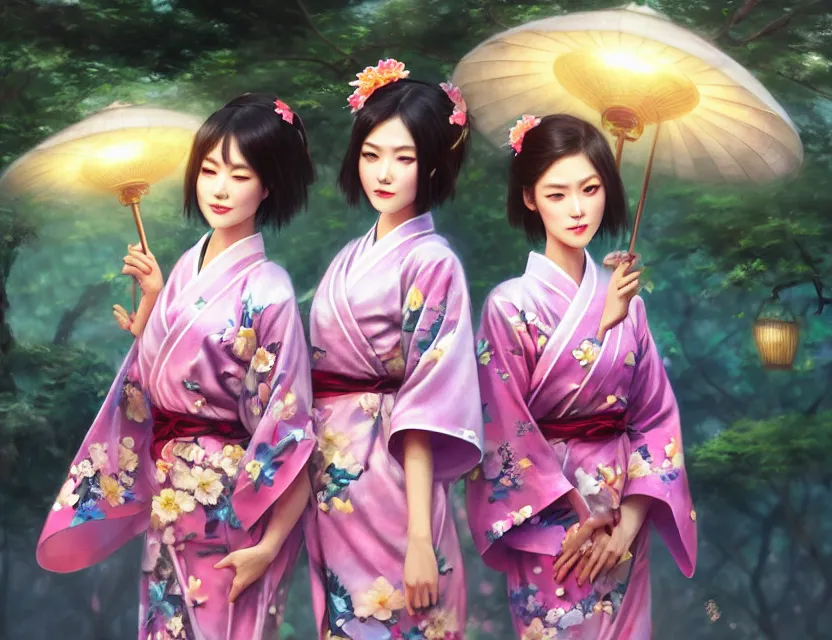 Image similar to two beautiful fashion taiwan girls wear fantasy yukata in festival | | big eyes, sunny, dreamlike art, realistic shaded, smile, good looking, fine details, 4 k realistic, cryengine, realistic shaded lighting poster by greg rutkowski, magali villeneuve, artgerm, jeremy lipkin and michael garmash and rob rey